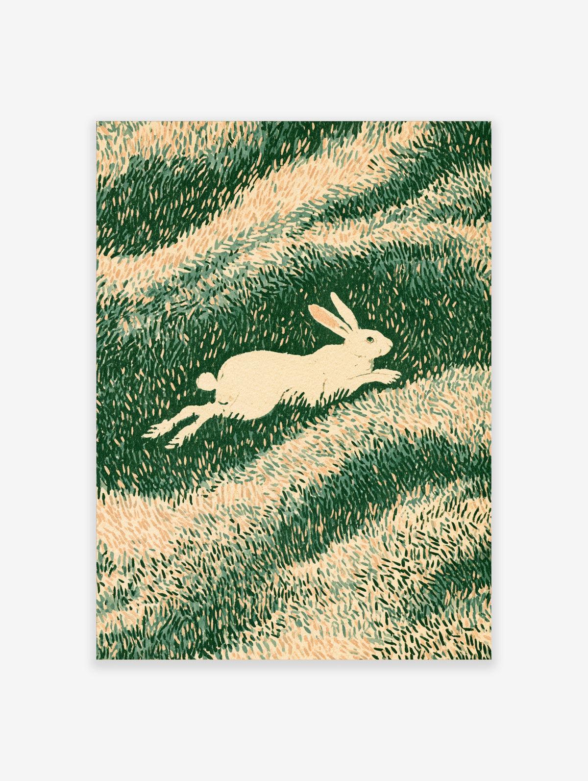 Running white hare art print with green and cream grass brushstrokes