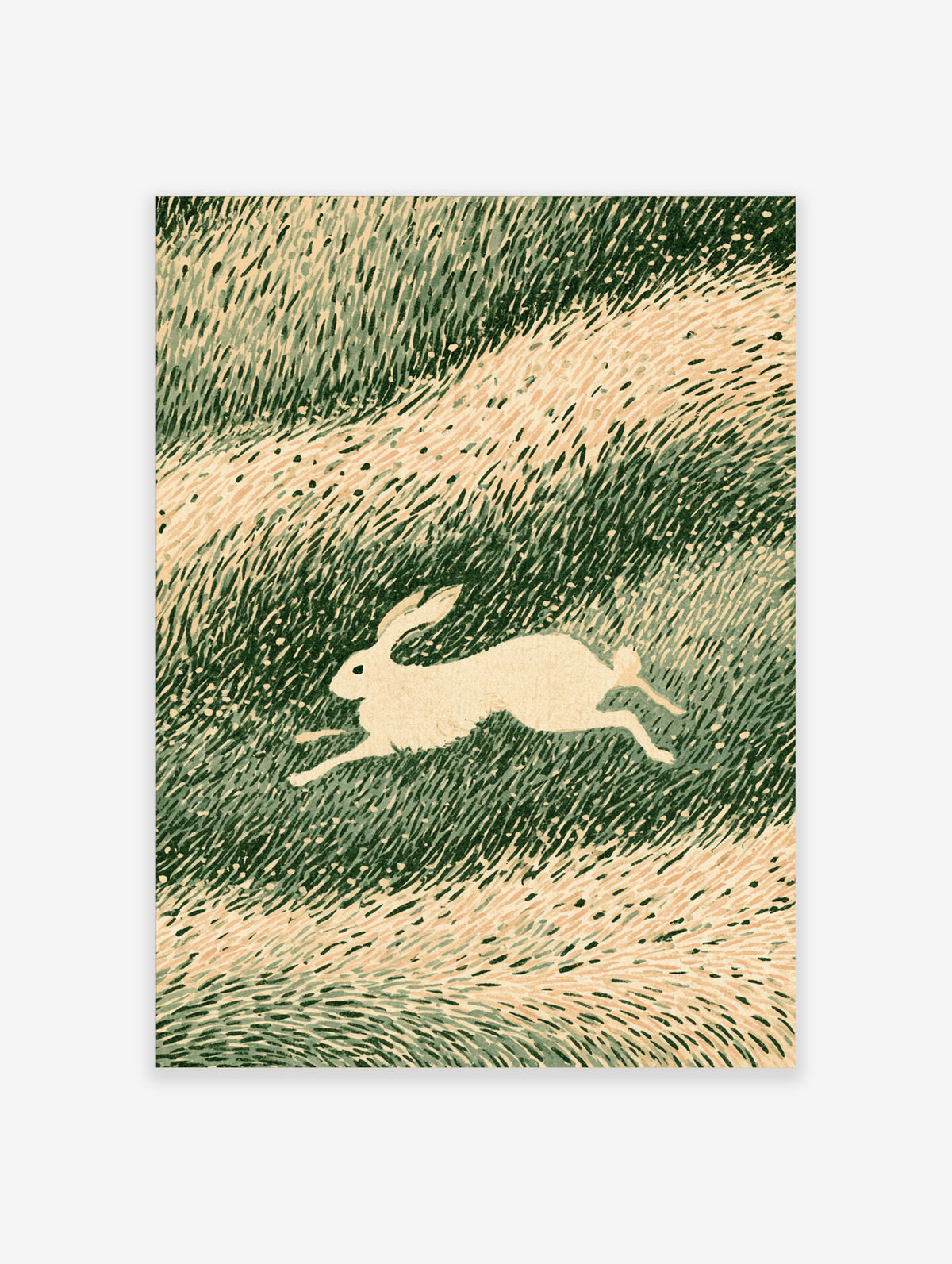 Running hare wall art print with cream hare silhouette on dark green textured grass background