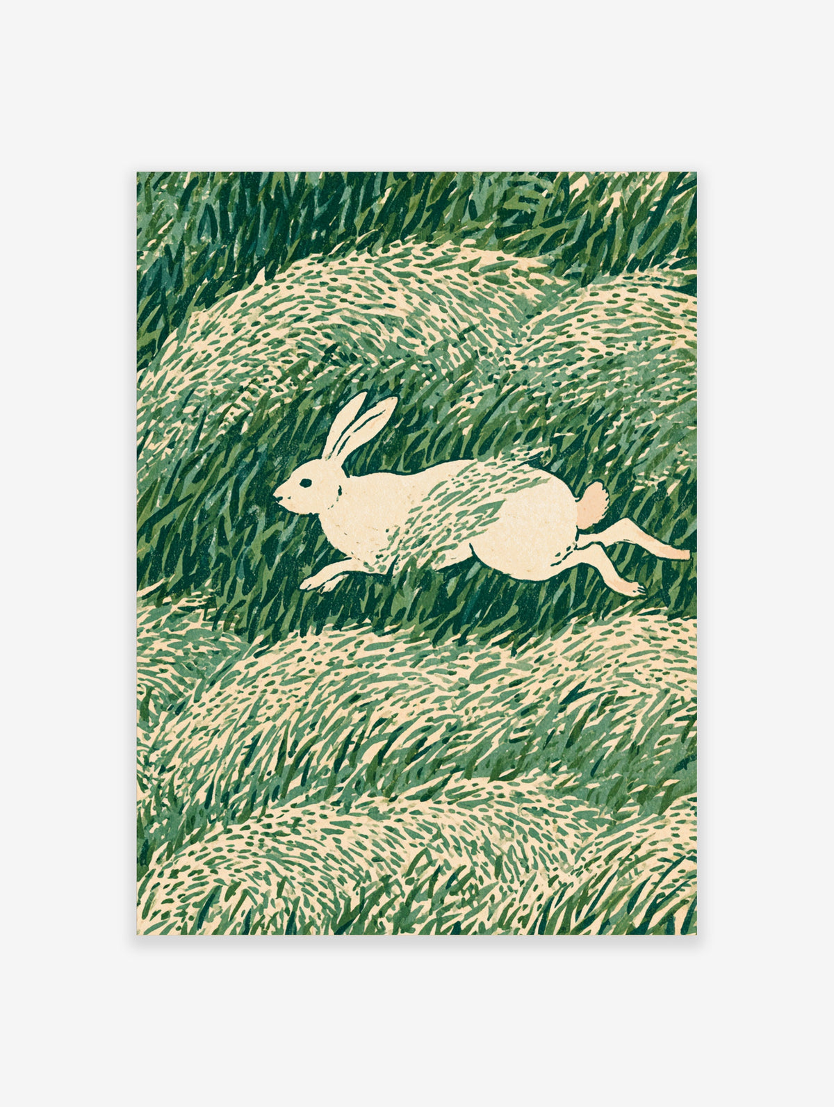 White hare running through green grass in a woodcut-style animal art print