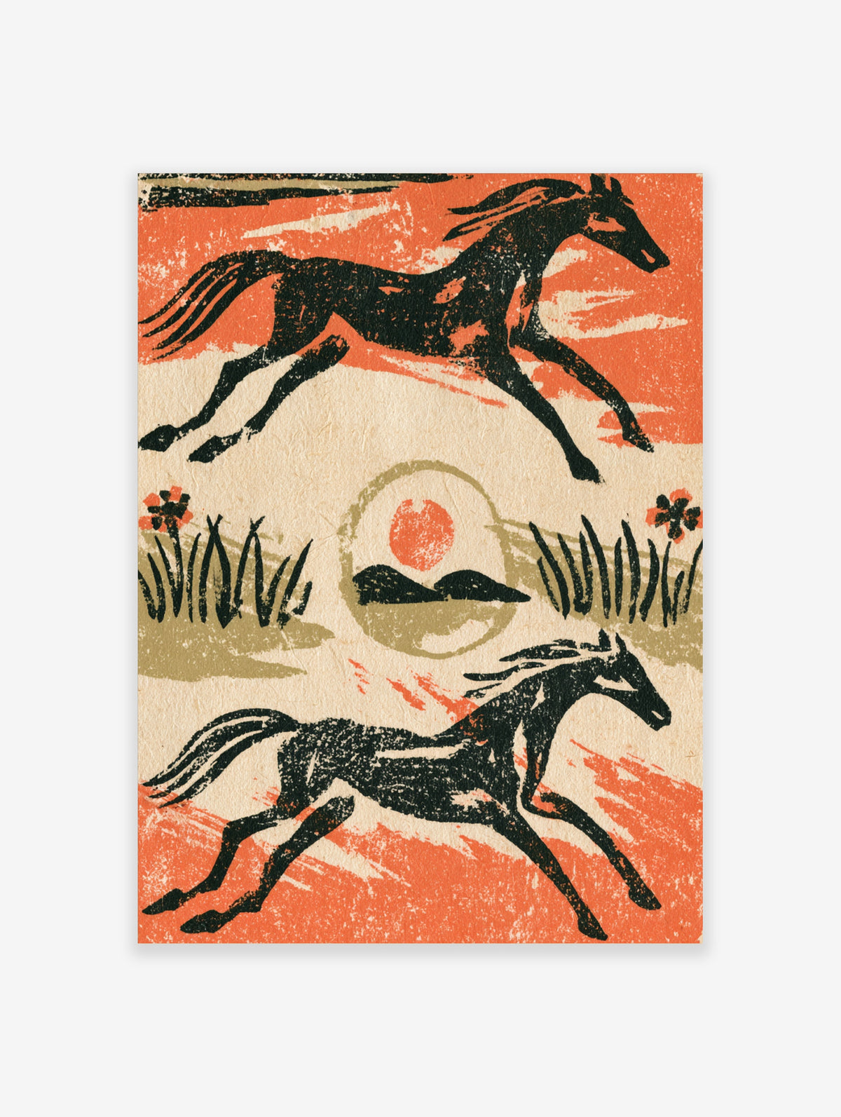 Two black horses running above and below a central sun motif on an orange and beige background