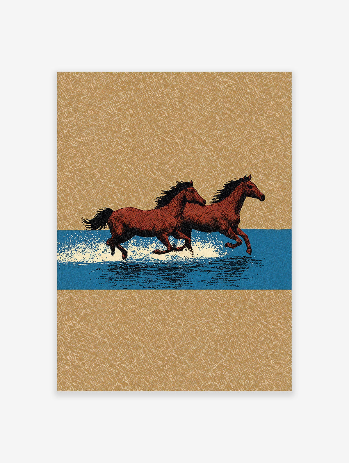 Two brown horses running through blue water with white splashes on a tan background art print