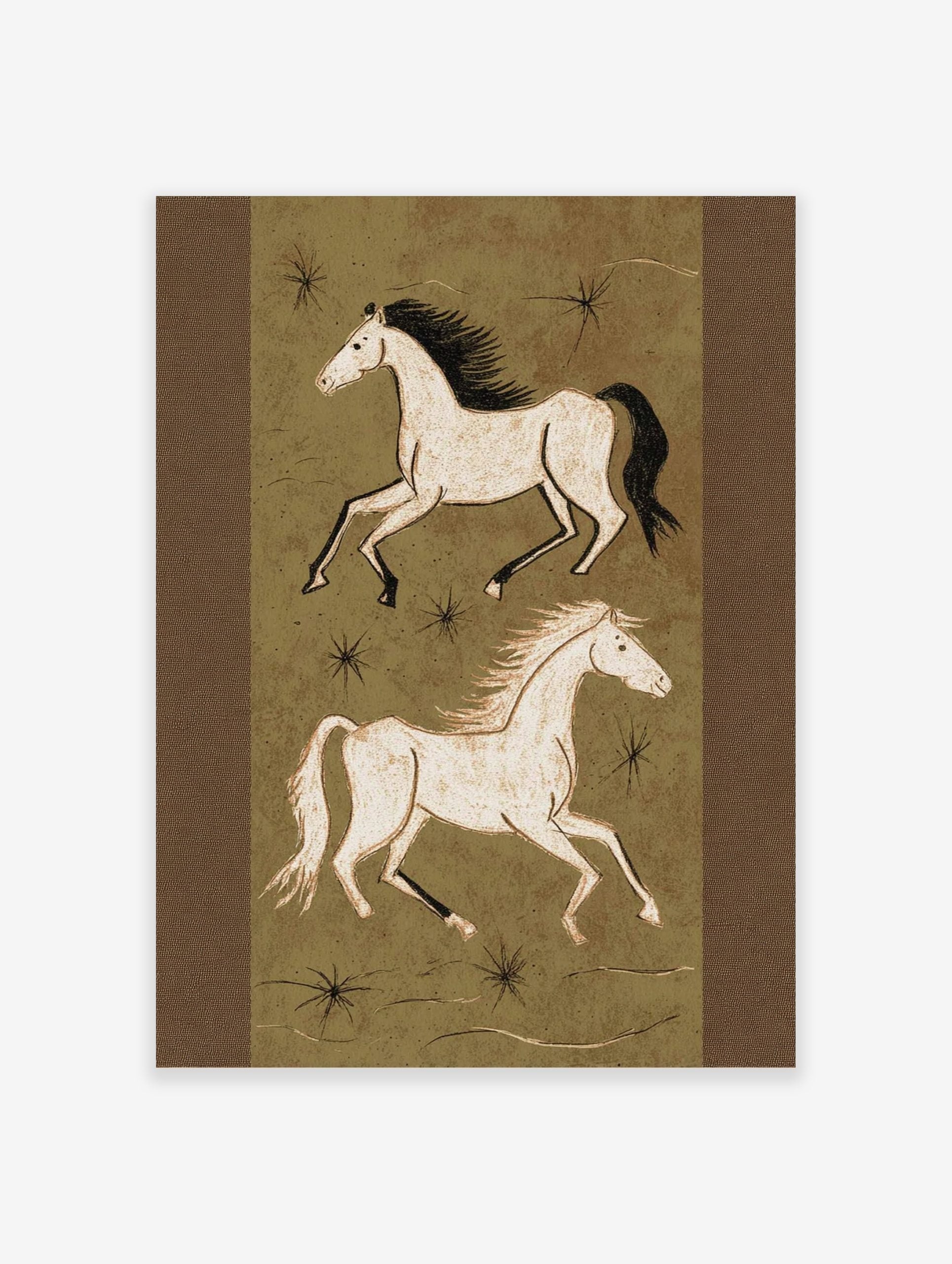 Illustrative art print of two running horses in off-white on an olive green background with black star shapes