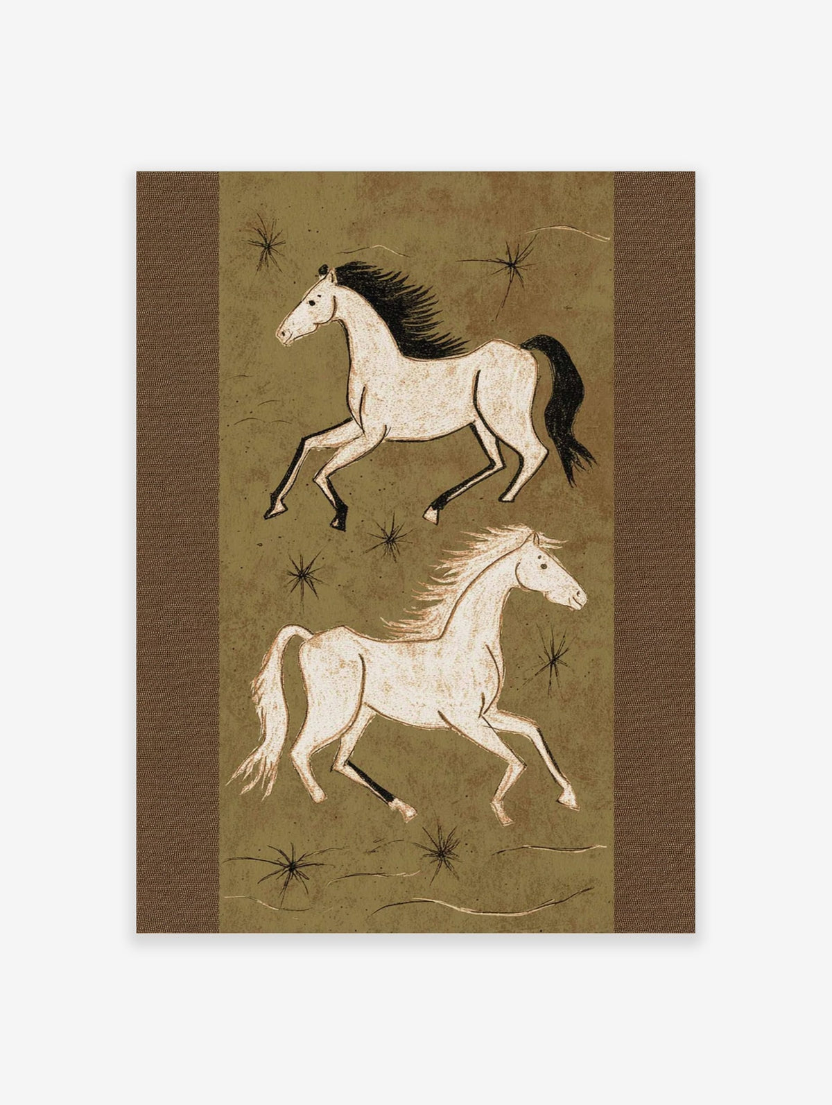 Illustrative art print of two running horses in off-white on an olive green background with black star shapes