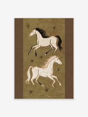 Illustrative art print of two running horses in off-white on an olive green background with black star shapes