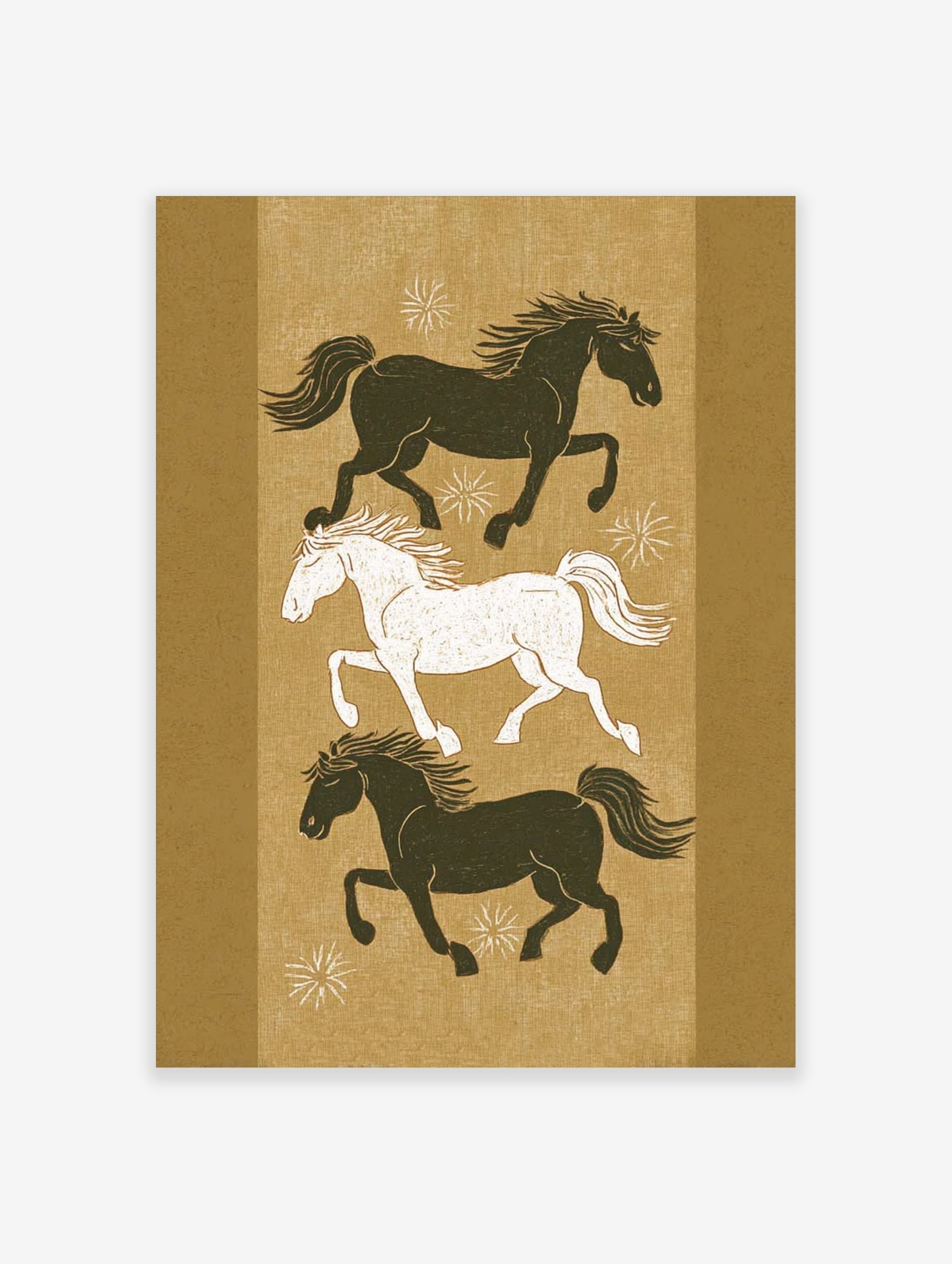 Three stylised running horses, two dark and one white, on an earthy golden-brown background with white star motifs