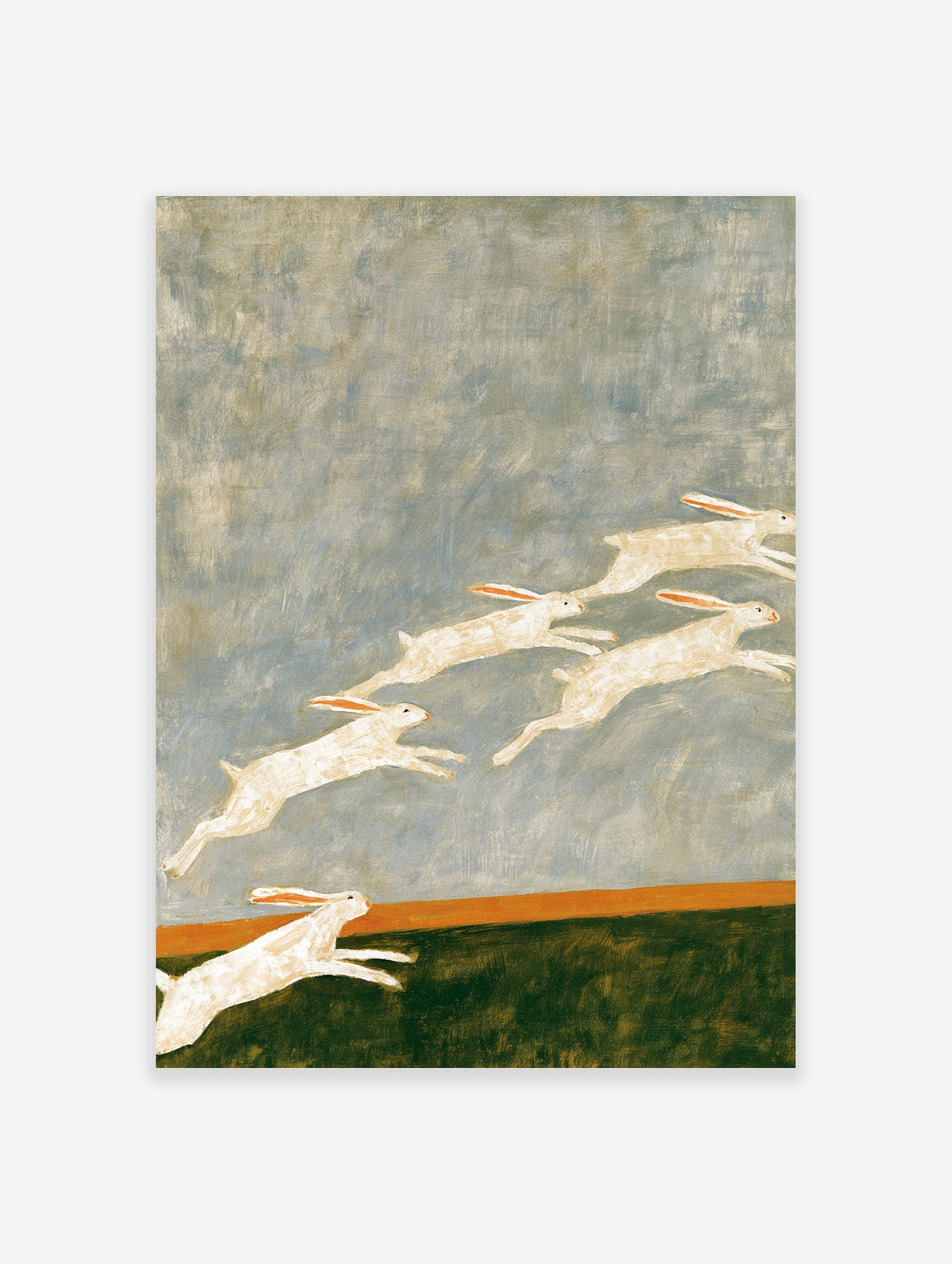Group of white hares leaping across a textured blue background, illustrative animal art print on satin paper