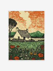 Illustrative print of a rural cottage with thatched roof, smoke, lake, mountains, and wildflower meadow