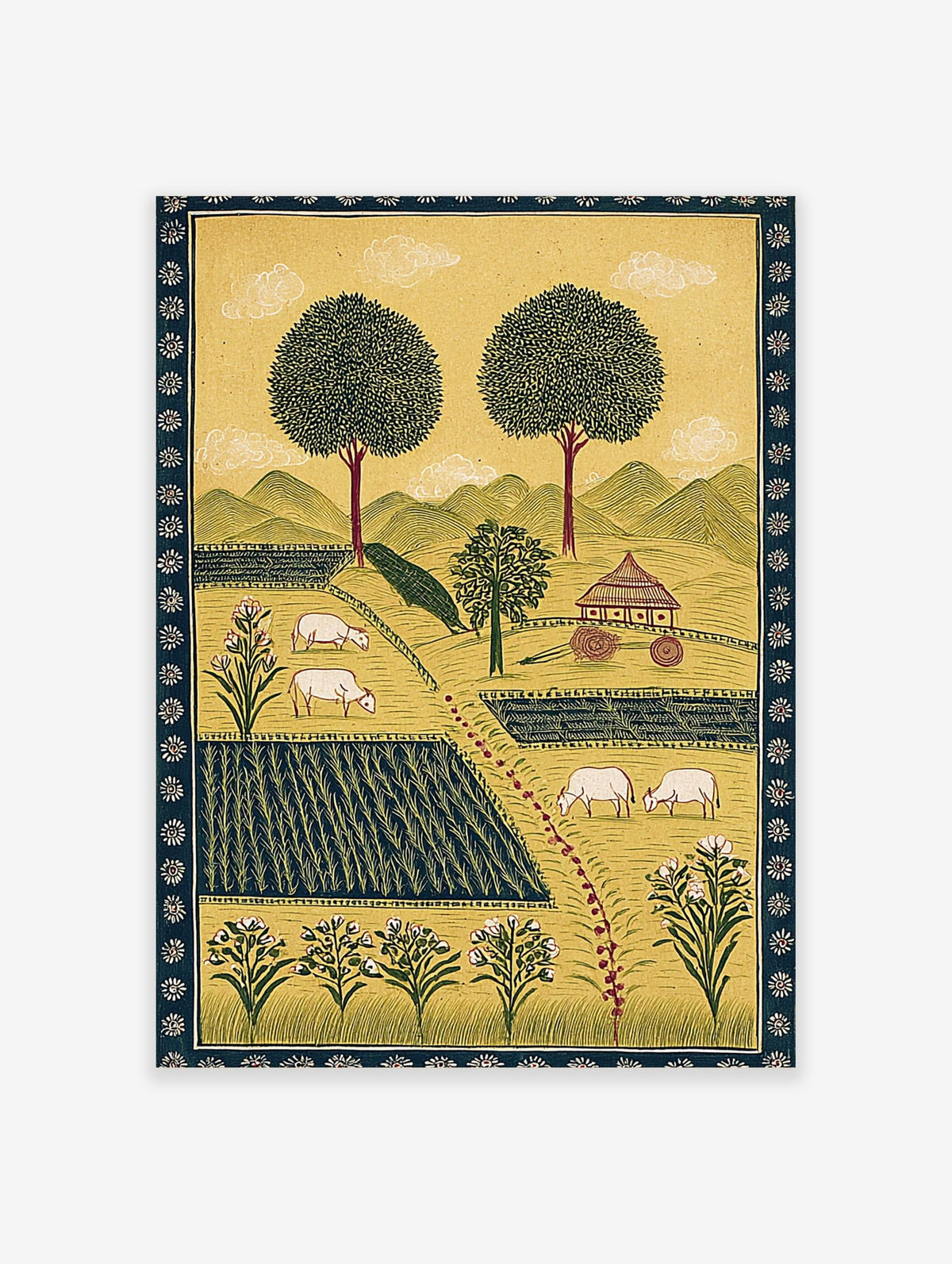 Illustrative rural farm landscape art print with green fields, white sheep, large trees, and a small hut