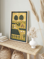 Illustrative rural farm landscape art print with green fields, white sheep, large trees, and, in an alternate framed mockup