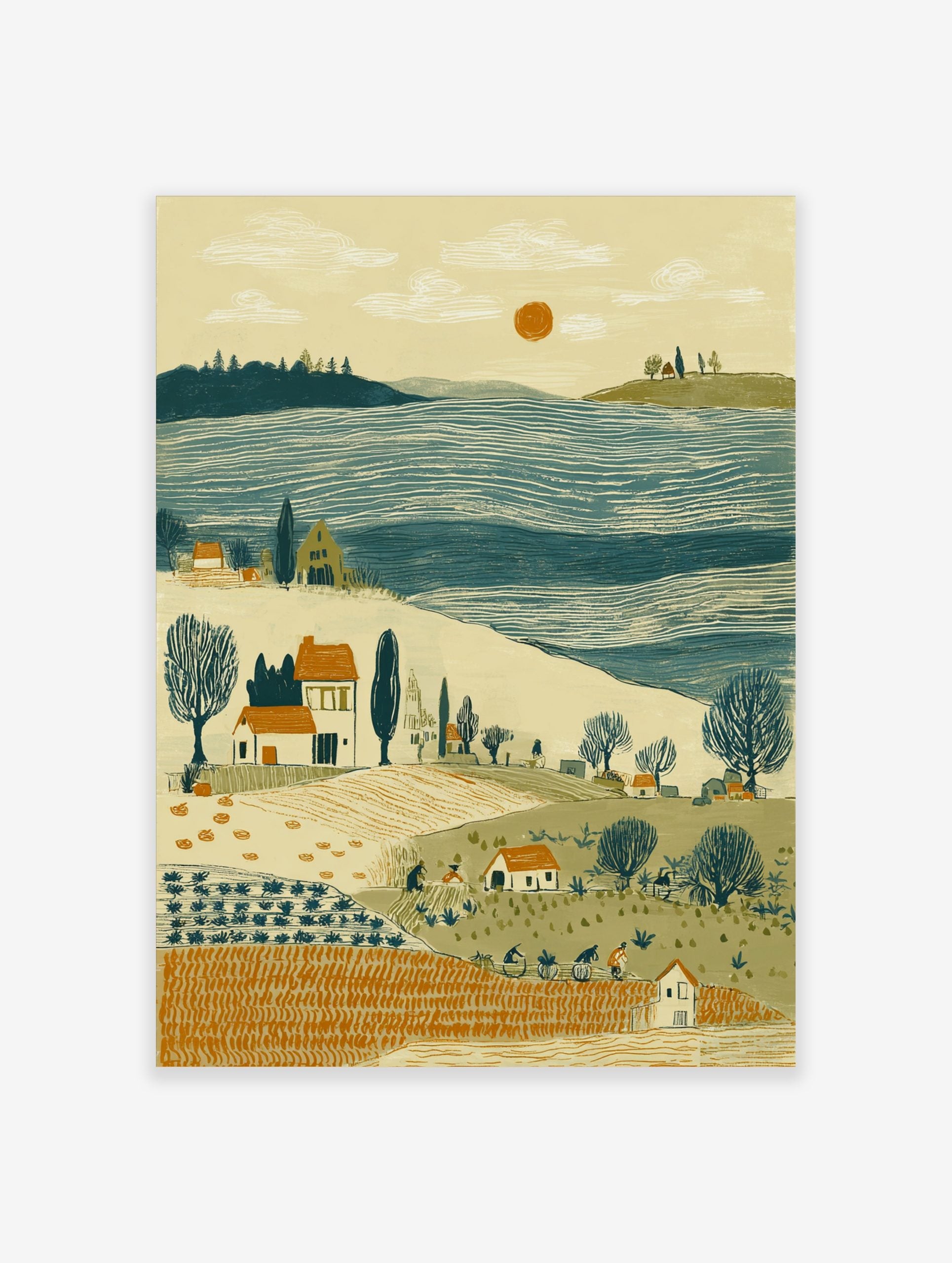 Rural harvest landscape print with farm workers, houses, bare trees, blue water, and orange sun in folk art style