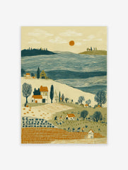 Rural harvest landscape print with farm workers, houses, bare trees, blue water, and orange sun in folk art style