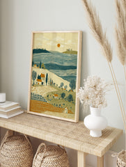 Rural harvest landscape print with farm workers, houses, bare trees, blue water, and orange, in an alternate framed mockup