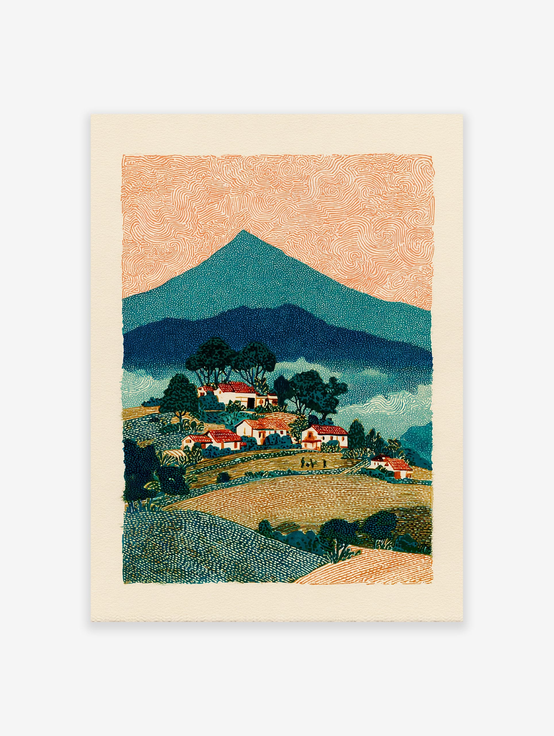 Rural landscape wall art depicting a mountain village with red-roofed houses, green trees, and an orange, swirling sky.