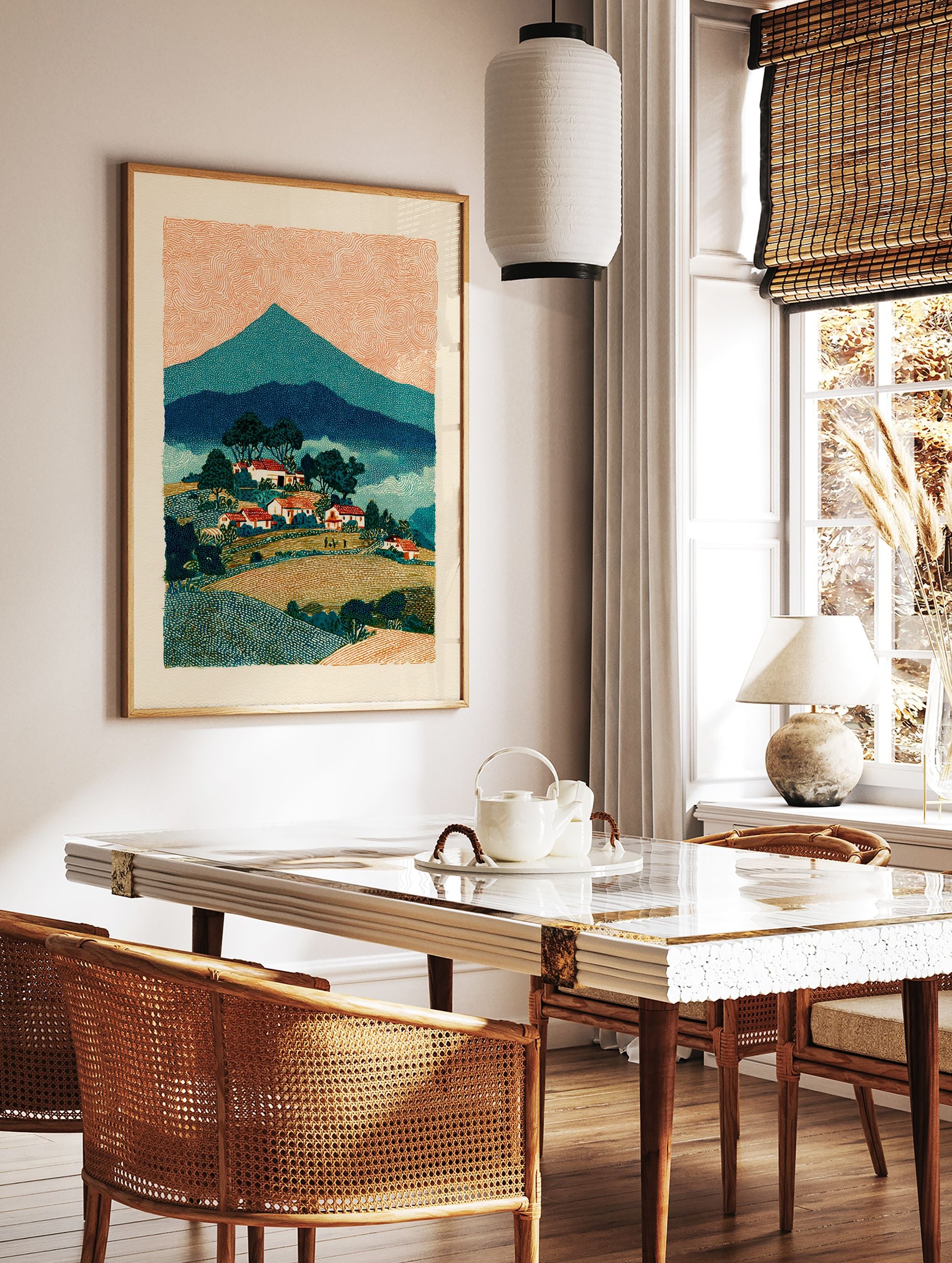 Rural landscape wall art depicting a mountain village with red-roofed houses, green trees, and an orange, swirling sky. - Image 2