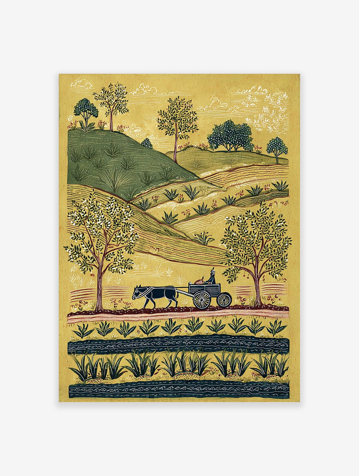 Folk art rural landscape print with an ox-drawn cart, green hills, trees, and a stream on a yellow background