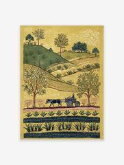 Folk art rural landscape print with an ox-drawn cart, green hills, trees, and a stream on a yellow background