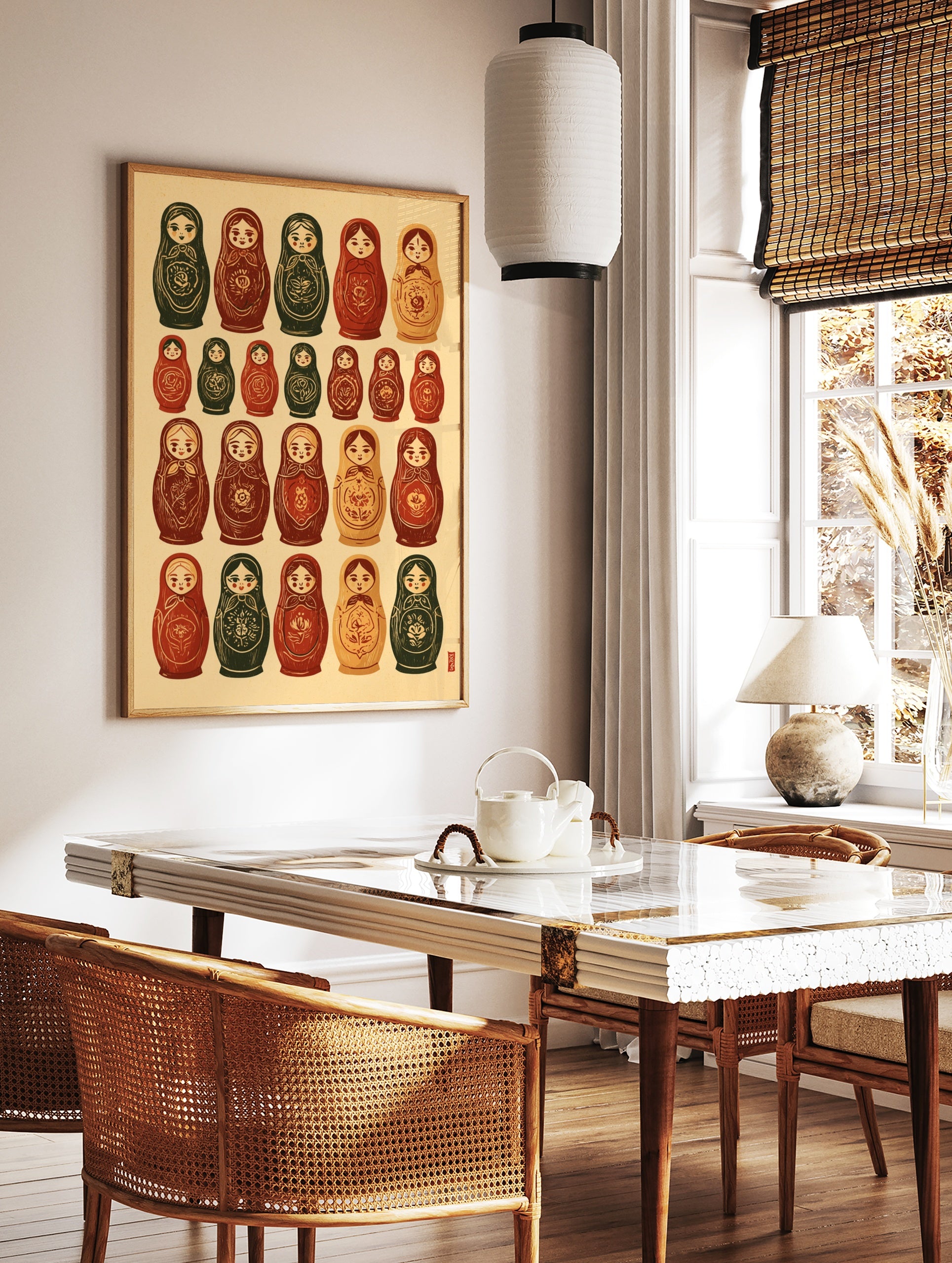 Grid of illustrated Russian nesting dolls with floral patterns in earthy red and green tones on a, in a styled room mockup