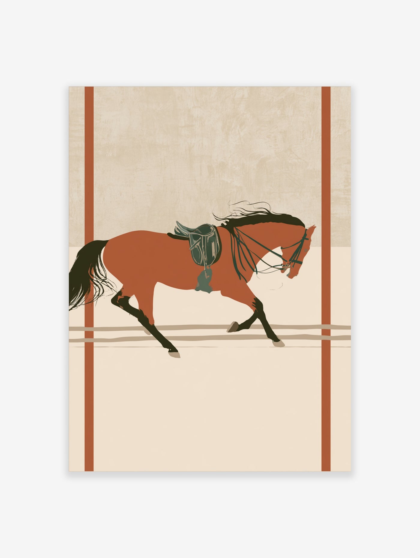 Rust horse with dark mane and tail, saddle and reins, running against beige background with vertical rust stripes