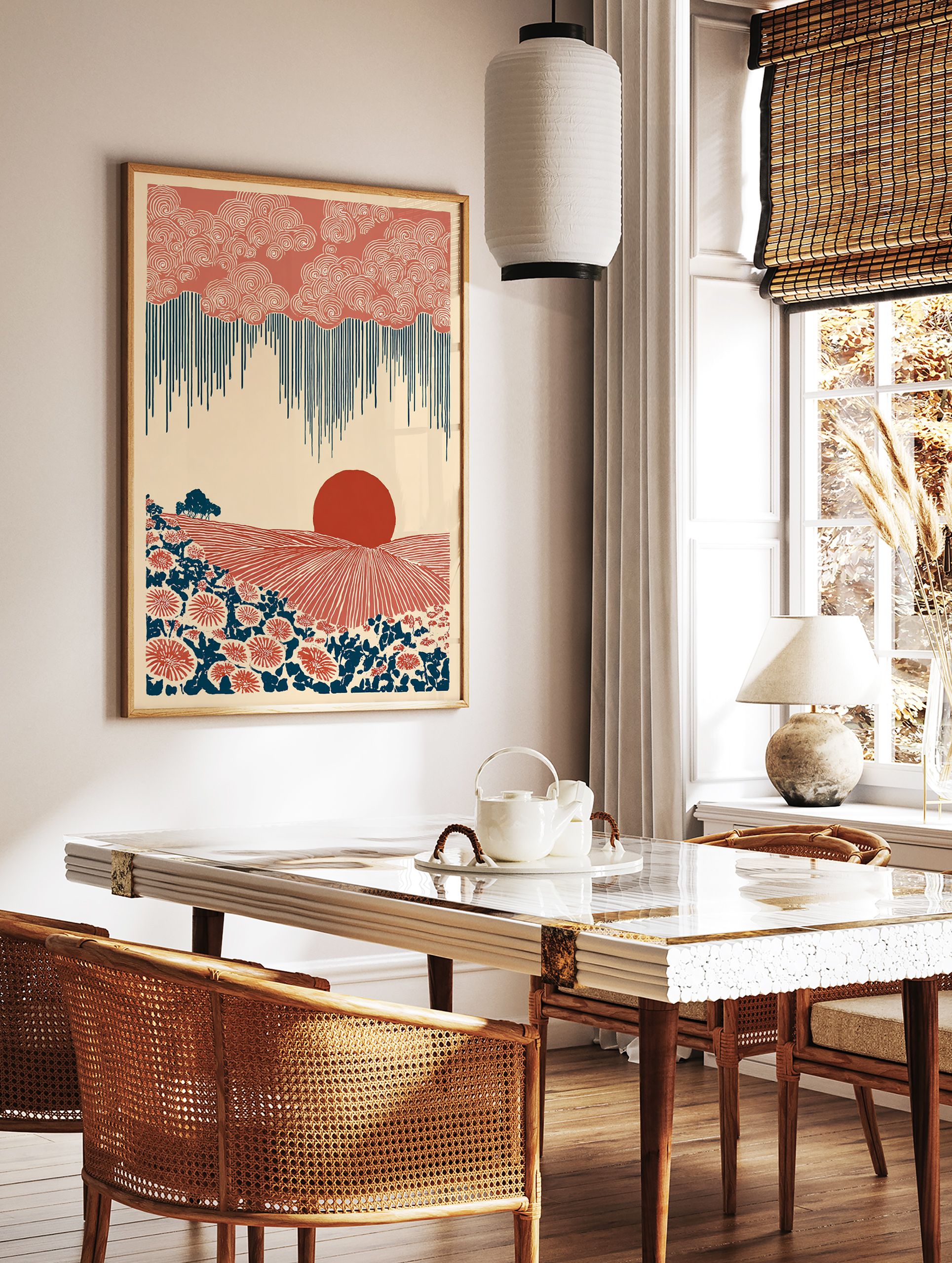 Modern folk landscape wall art print with rust red sun, indigo rain, stylized flowers, and fields on a cream background. - Image 2