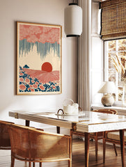 Modern folk landscape wall art print with rust red sun, indigo rain, stylized flowers, and fields on a cream background. - Image 2