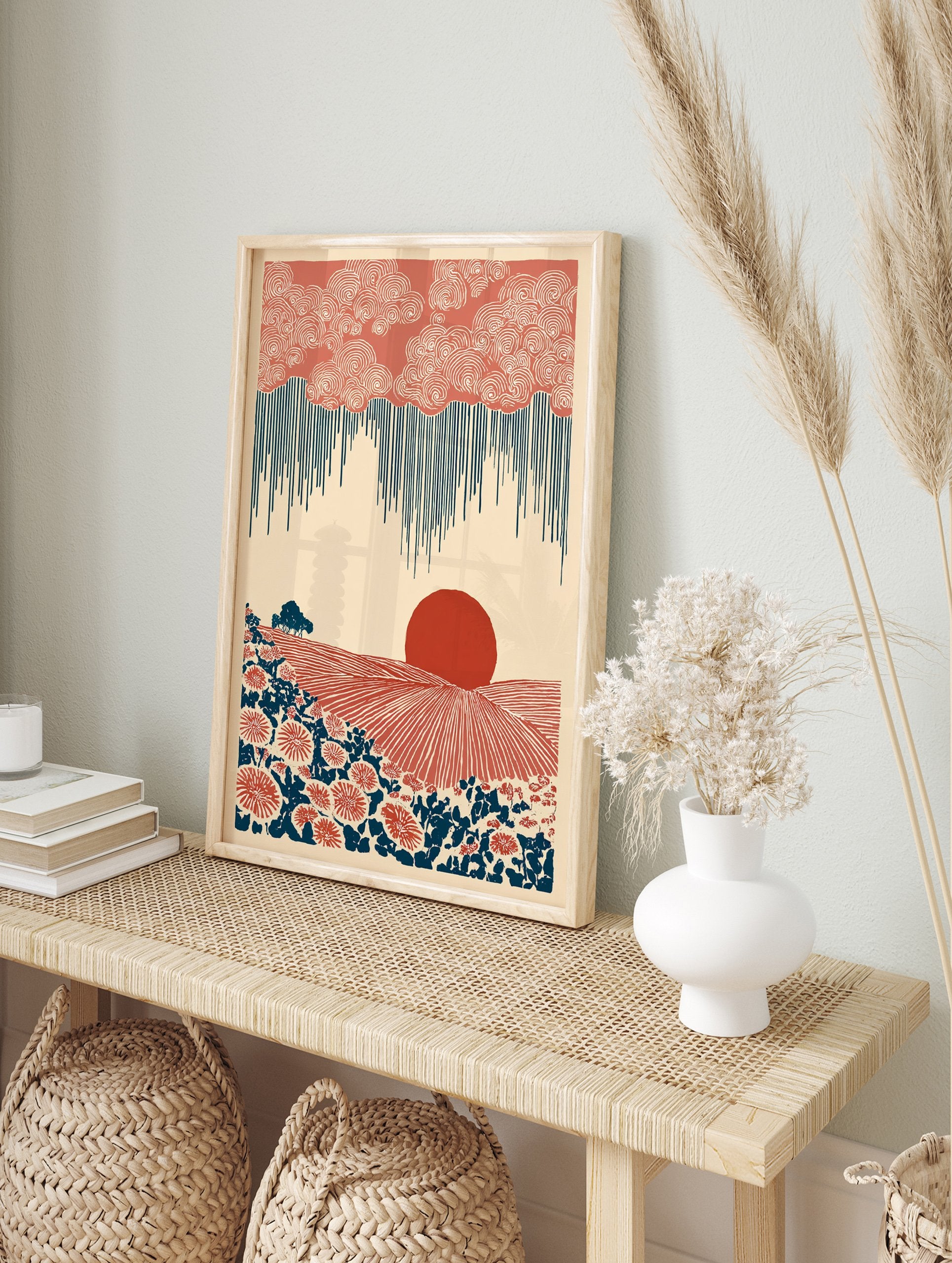 Modern folk landscape wall art print with rust red sun, indigo rain, stylized flowers, and fields on a cream background. - Image 3