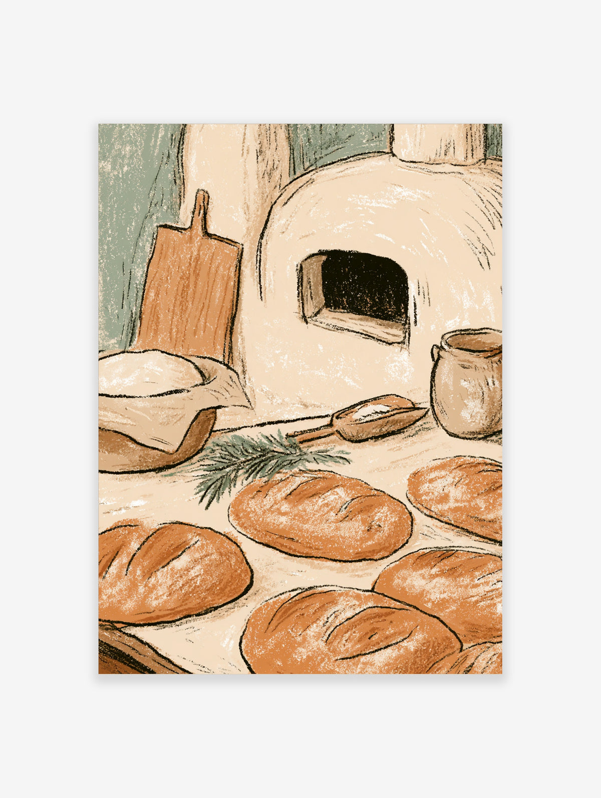 Rustic bakery illustration with bread loaves, domed oven, and wooden peel in warm browns and beige