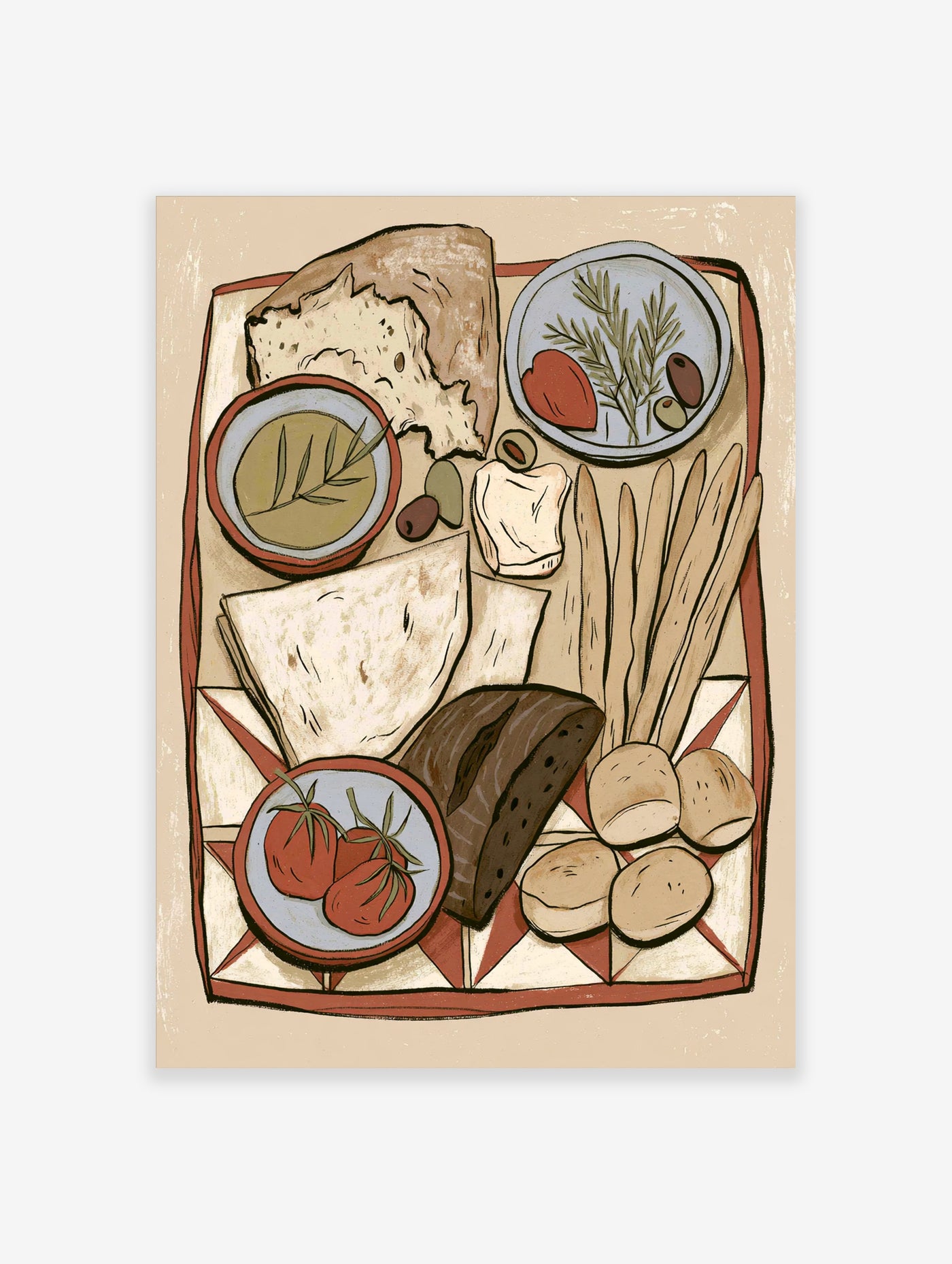 Rustic still life of bread, olives, tomatoes, and herbs in earthy tones on beige background, unframed print