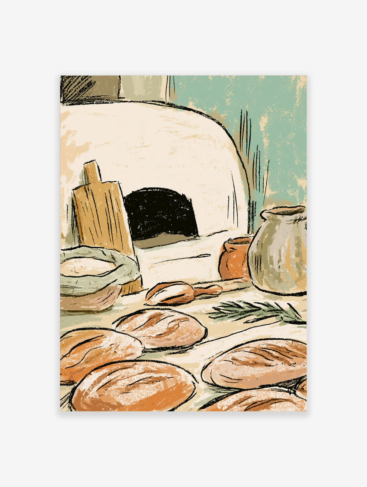 Rustic bakery art print with bread loaves, wood-fired oven, and ceramic jars in warm brown and teal