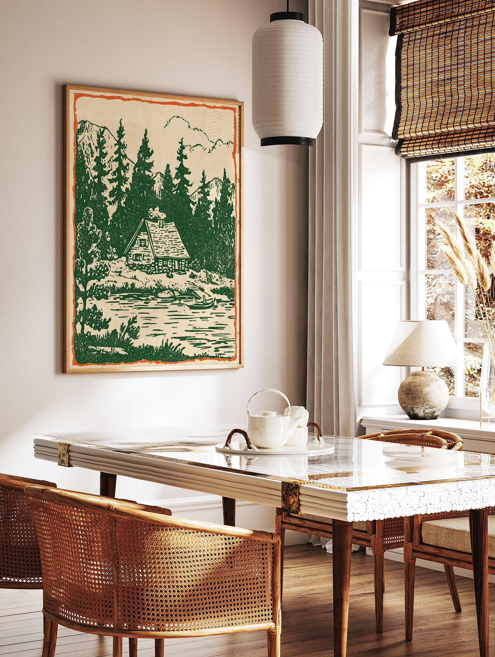 Rustic cabin wall art print showing a vintage illustration of a cabin by a forest lake with pine trees and mountains. - Image 3