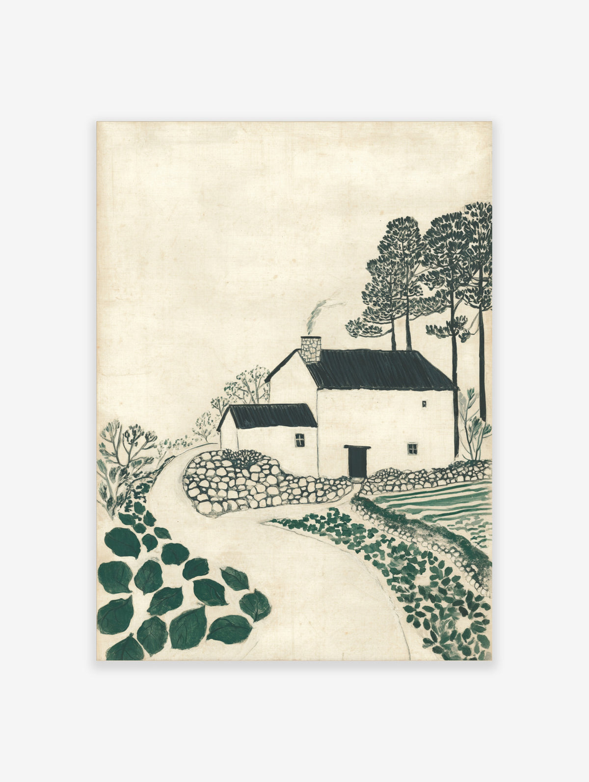 Rustic cottage landscape print with white house, dark roof, stone wall, and tall trees