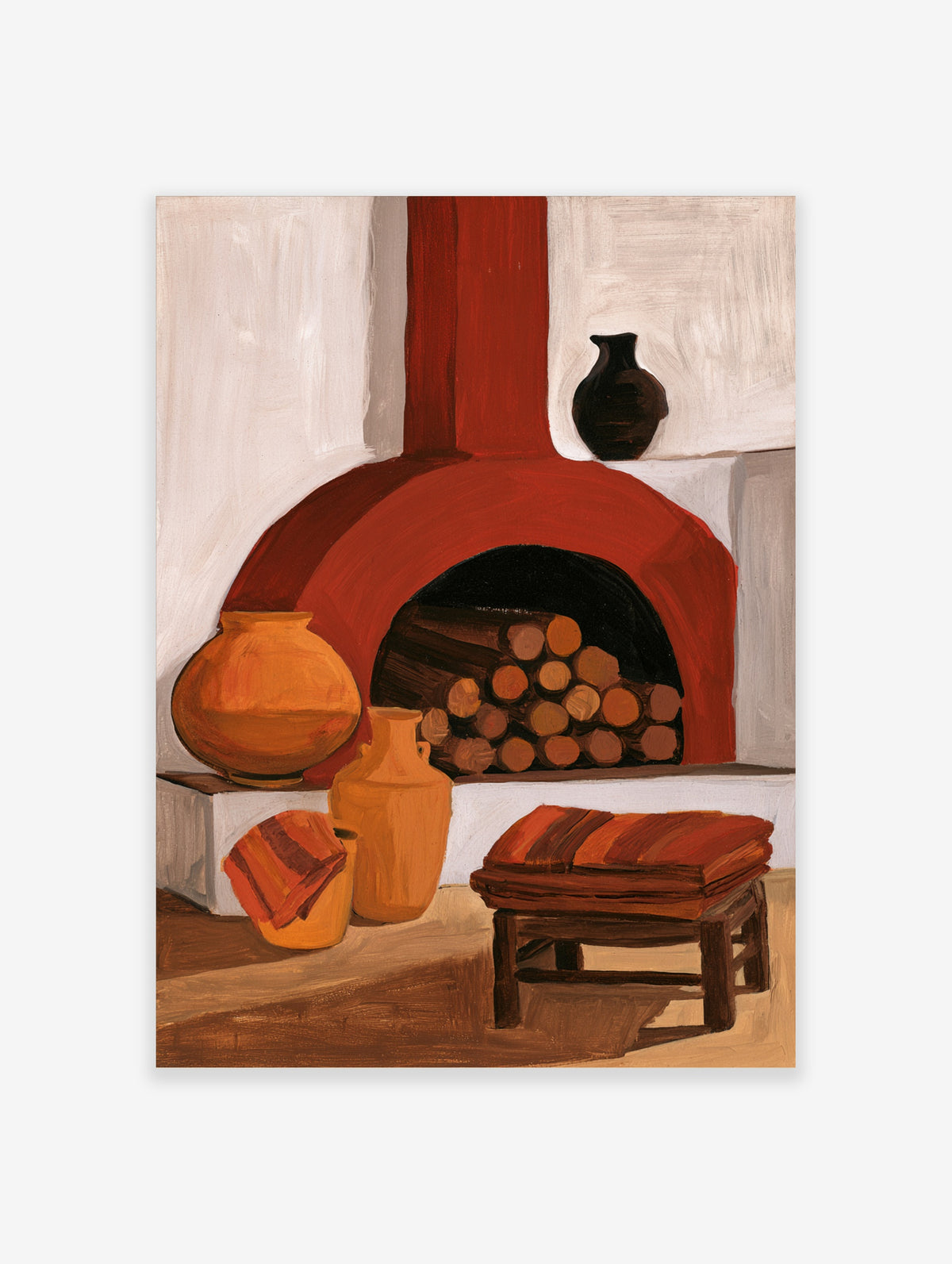 Stylised illustration of a red fireplace hearth with logs, ceramic pots, and a stool on a neutral background