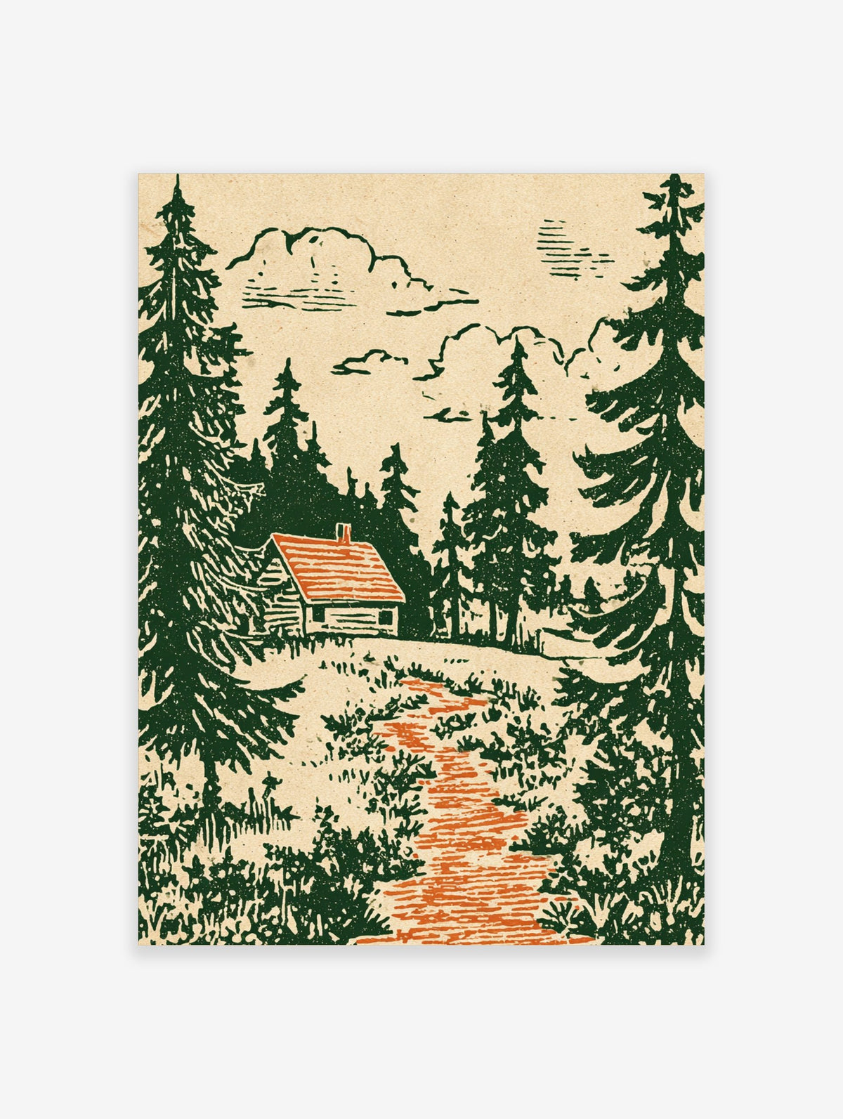 Rustic log cabin with orange roof in a dense dark green pine forest, with an orange path and beige sky