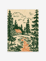 Rustic log cabin with orange roof in a dense dark green pine forest, with an orange path and beige sky
