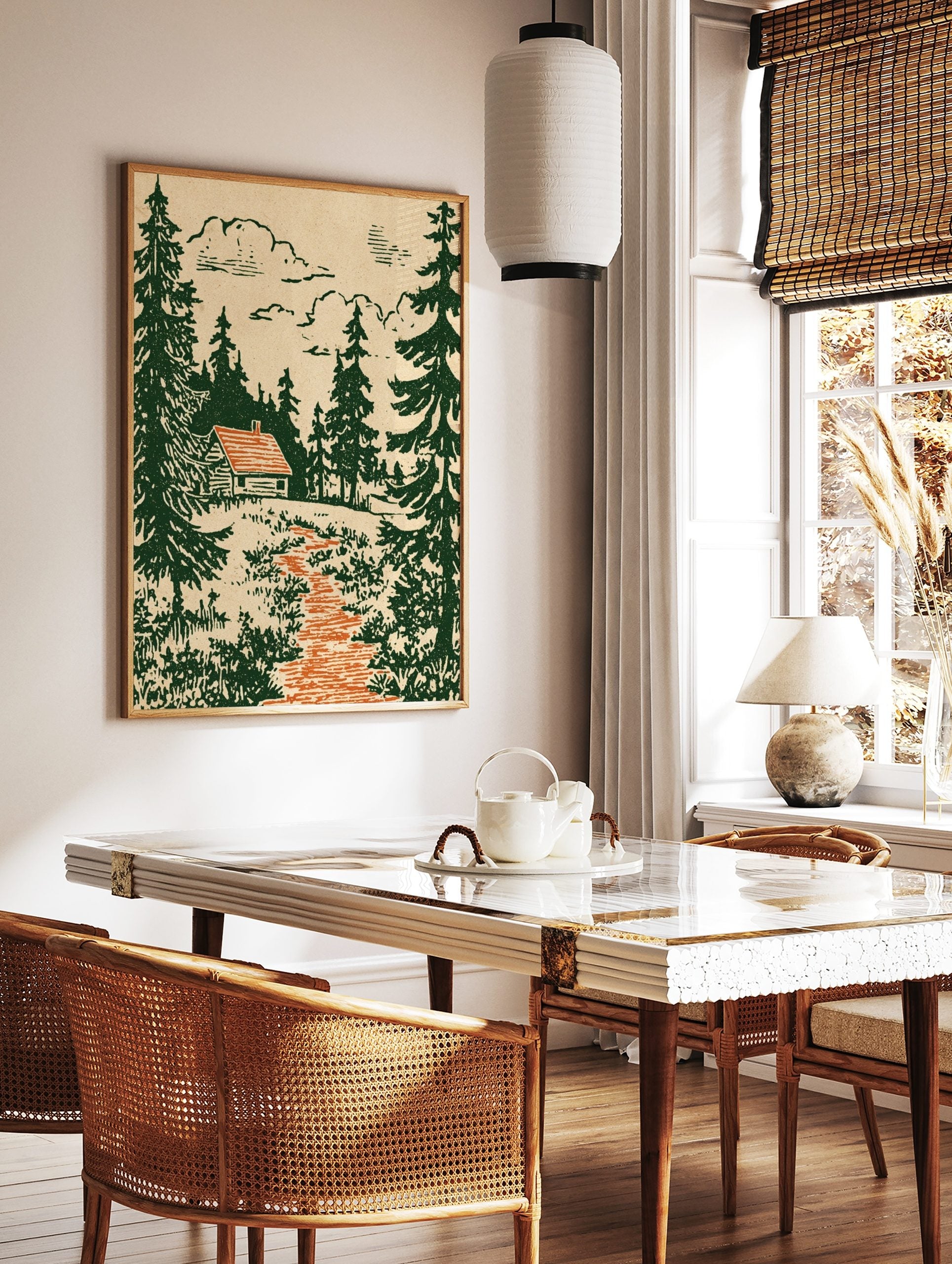 Rustic log cabin with orange roof in a dense dark green pine forest, with an orange path and beige, in a styled room mockup