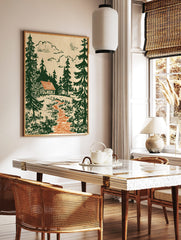 Rustic log cabin with orange roof in a dense dark green pine forest, with an orange path and beige, in a styled room mockup