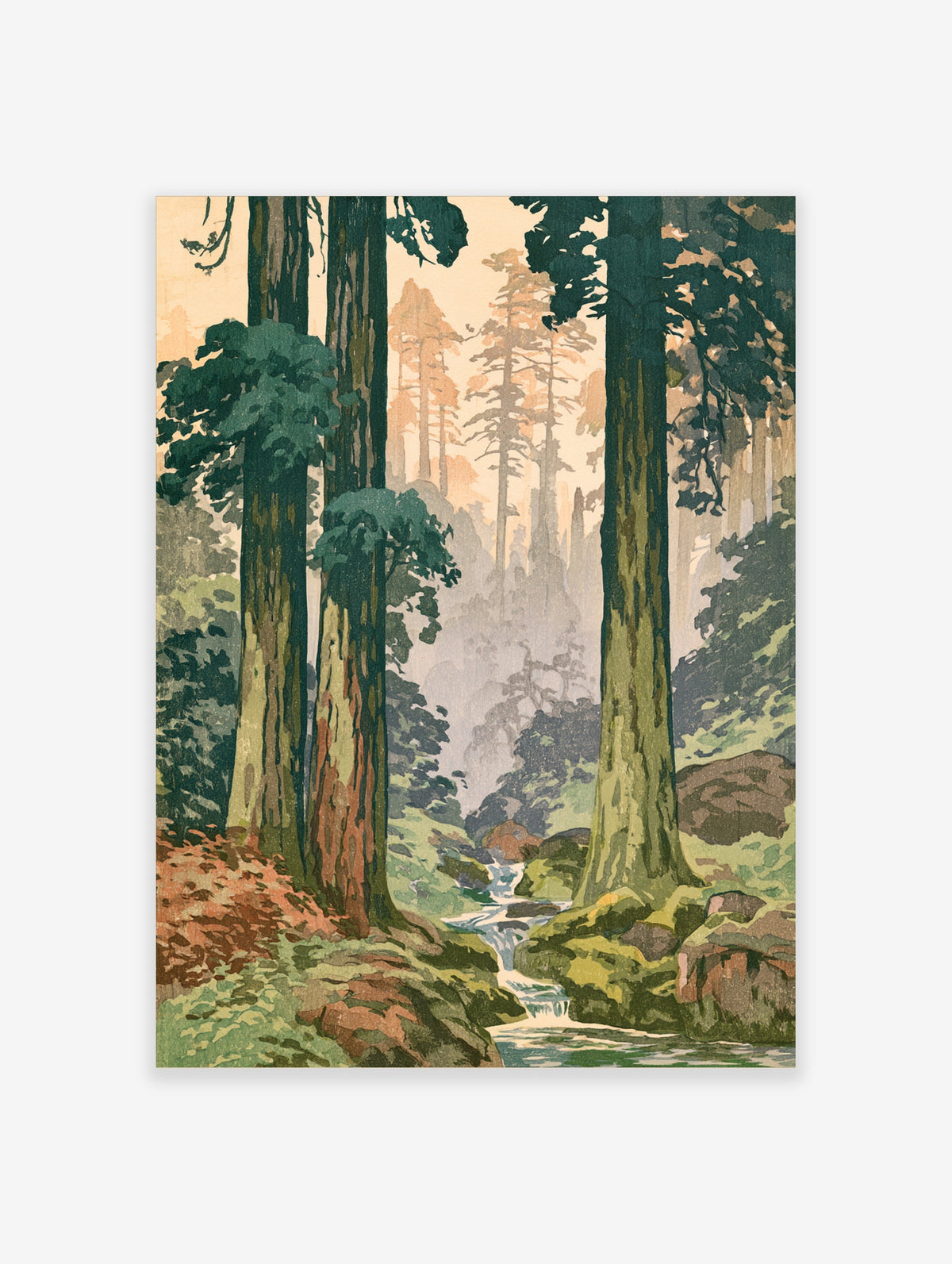 Rustic forest waterfall poster with tall redwood trunks and a rocky stream in a misty woodland