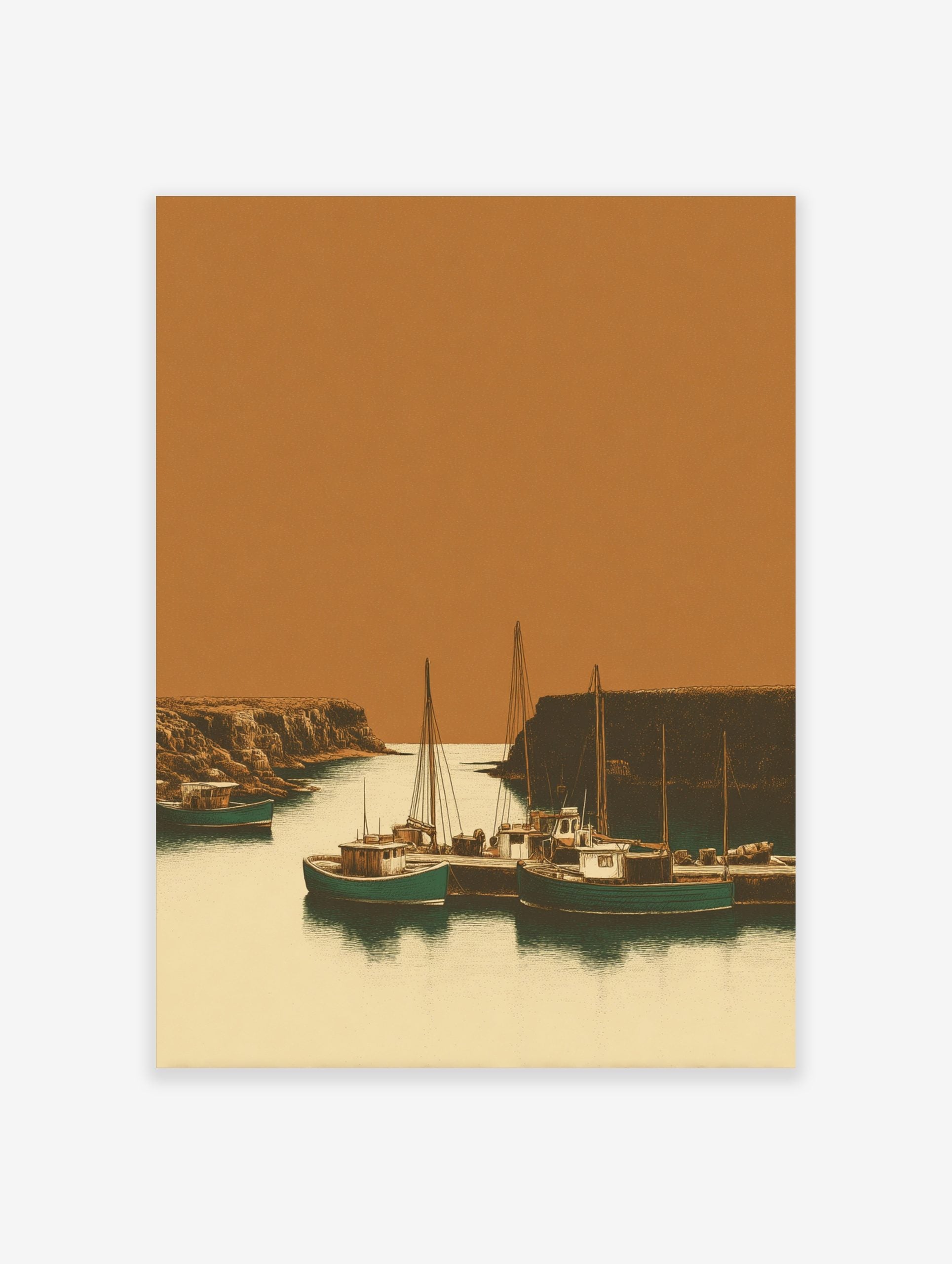 Illustrative print of fishing boats in a rustic harbour, flanked by rocky cliffs under an orange sky