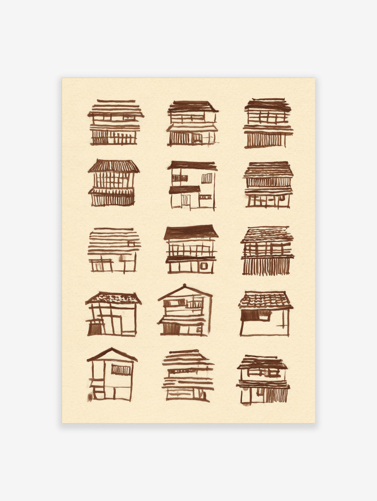 Sepia ink sketch poster of fifteen traditional Japanese houses with tiled roofs and slatted facades on cream paper