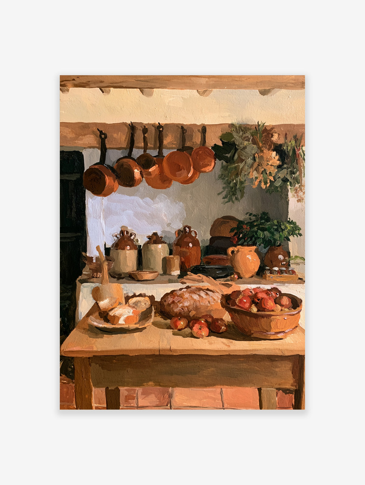 Rustic kitchen still life painting with copper pots, bread, and apples on a wooden table