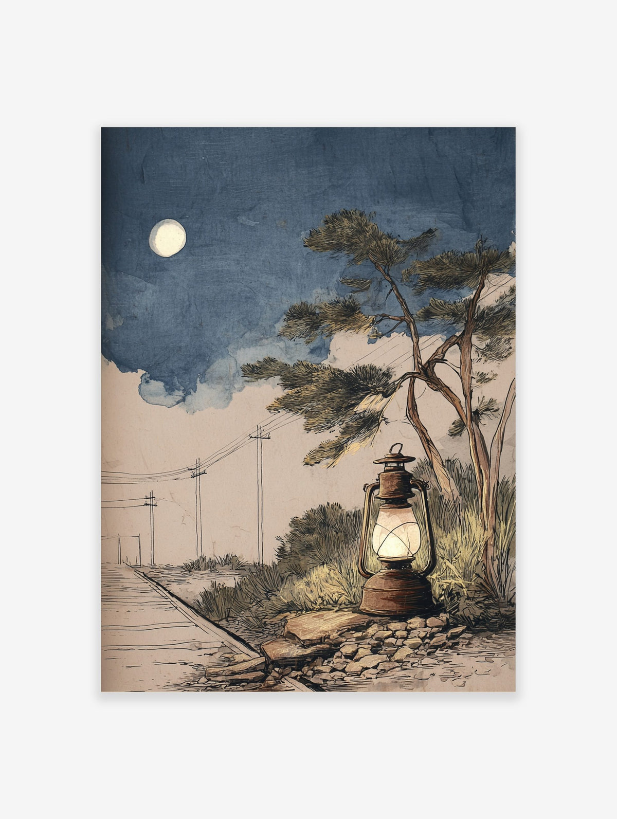Illustrative rustic lantern glowing by railway tracks under a full moon in a blue night sky with a tree