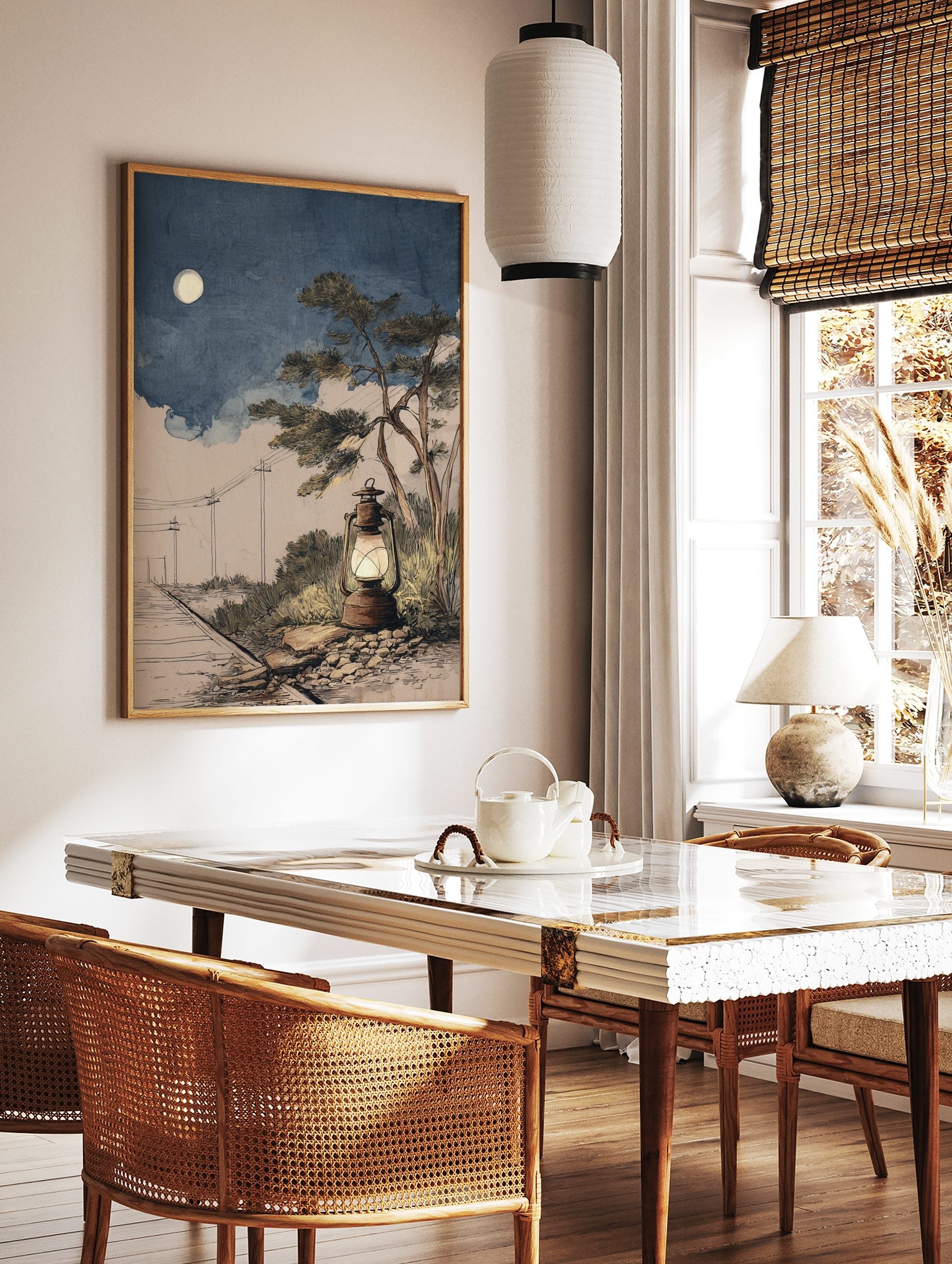 Illustrative rustic lantern glowing by railway tracks under a full moon in a blue night sky with a, in a styled room mockup