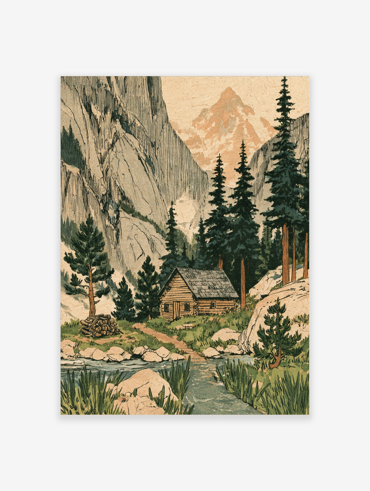 Illustrated log cabin among pine trees with stream and mountains, rustic landscape art print