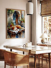 Rustic Mediterranean food poster with fresh bread, olives, olive oil bottles, and herbs against an old stone wall. - Image 2