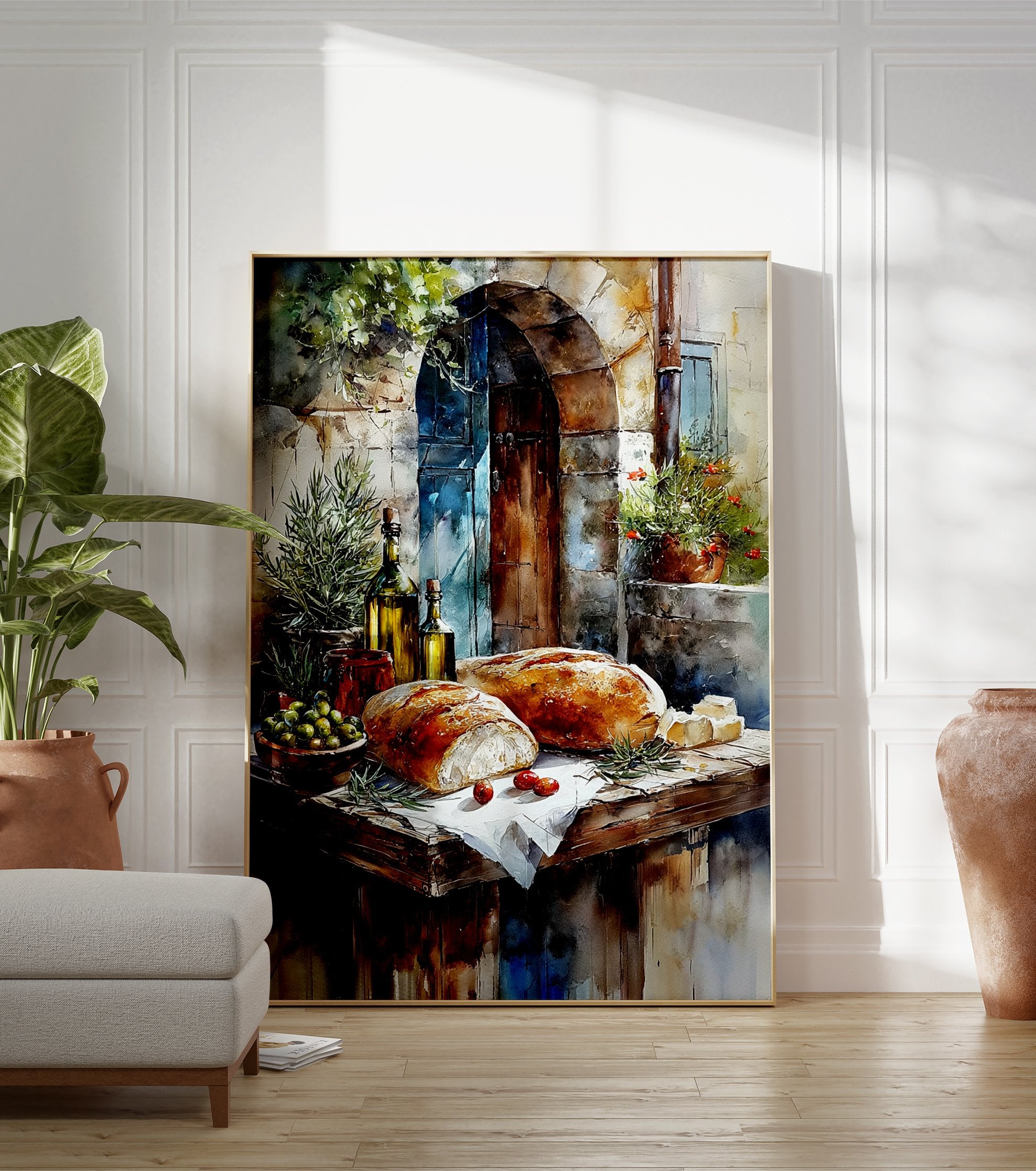 Rustic Mediterranean food poster with fresh bread, olives, olive oil bottles, and herbs against an old stone wall. - Image 3
