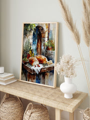 Rustic Mediterranean food poster with fresh bread, olives, olive oil bottles, and herbs against an old stone wall. - Image 4