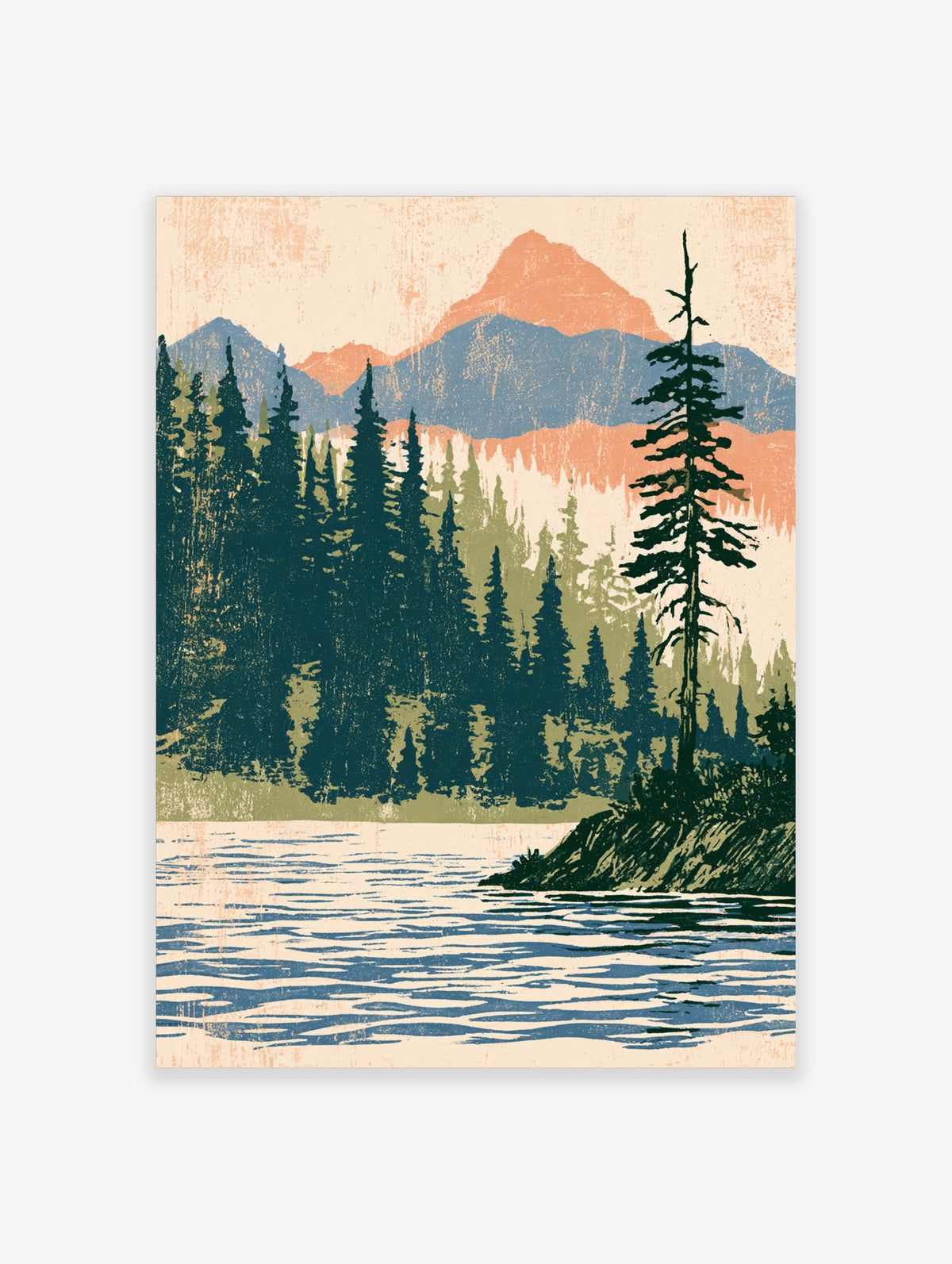 Rustic mountain lake landscape poster with tall pine tree, forest, and salmon peaks