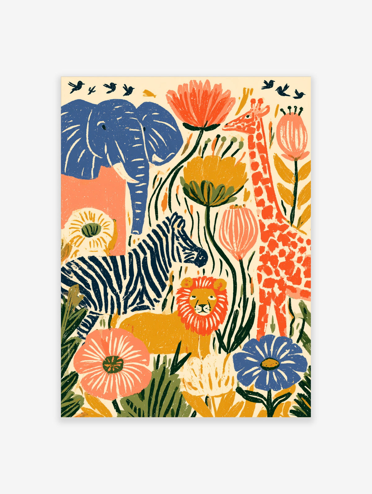 Colourful safari animal poster with blue elephant, zebra, lion, giraffe and bold flowers