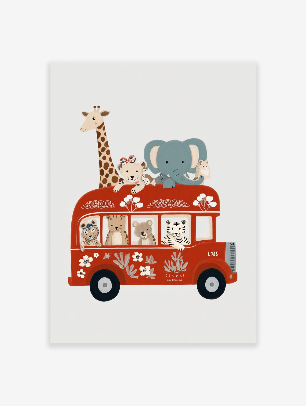 Illustrative wall art of safari animals on a red double-decker bus, featuring a giraffe, elephant, lion, leopard, bear, and