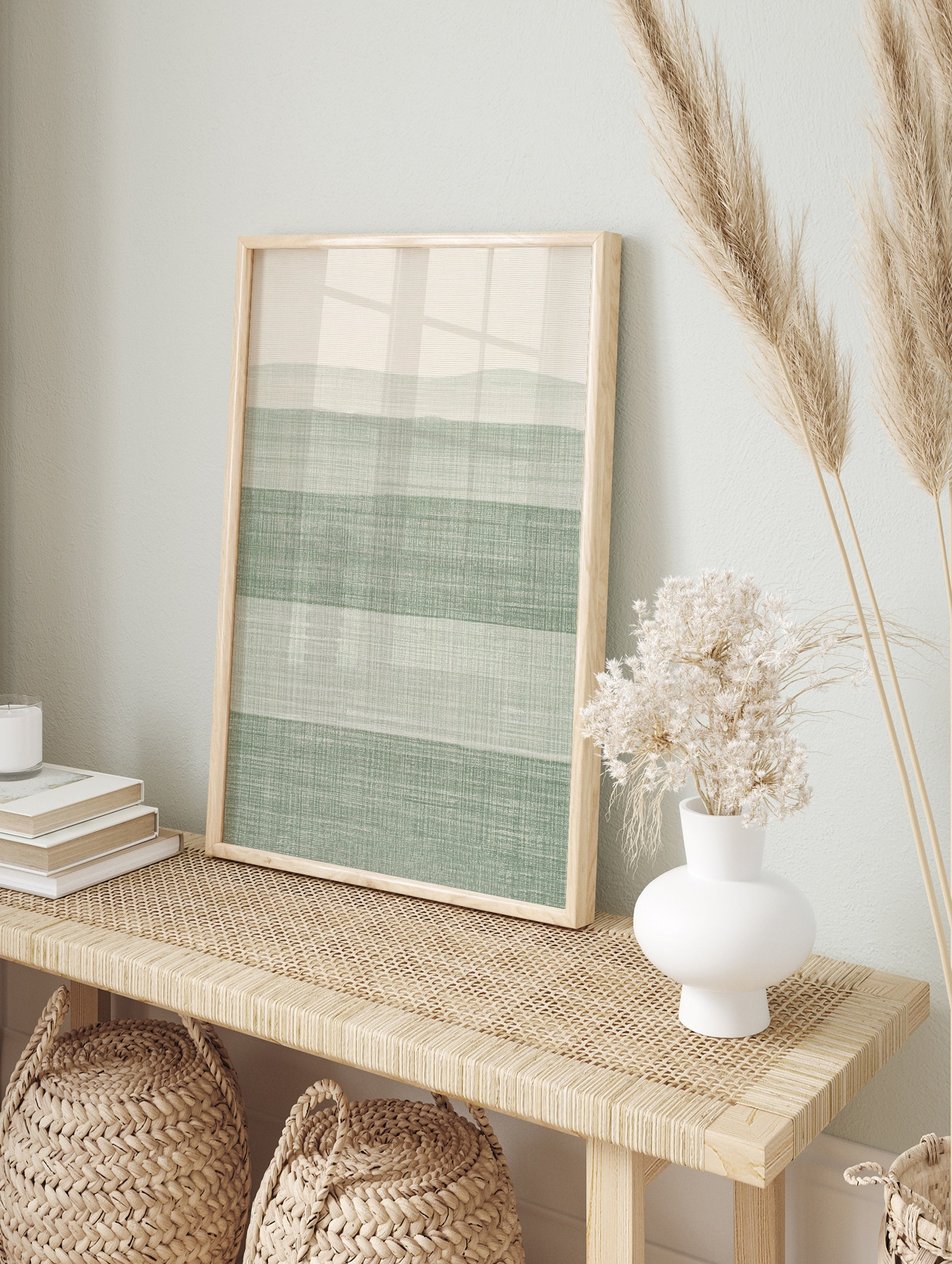 Minimalist abstract wall art print featuring horizontal stripes in sage green and off-white, in an alternate framed mockup