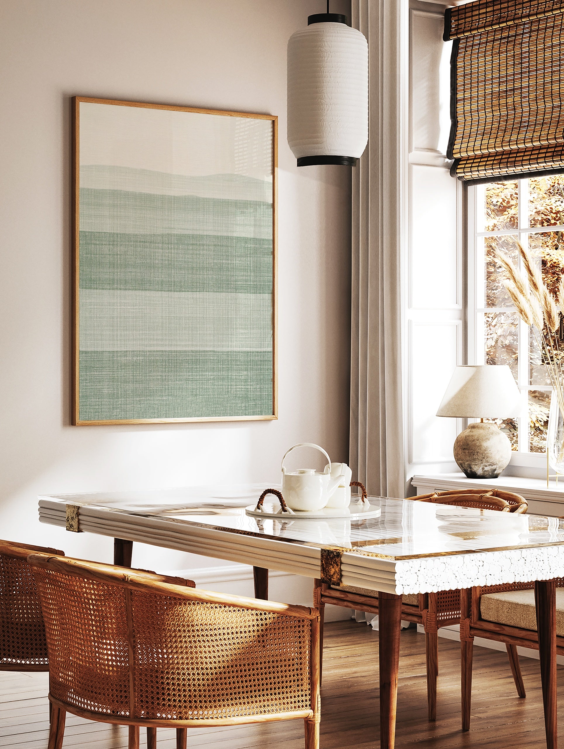 Minimalist abstract wall art print featuring horizontal stripes in sage green and off-white with a, in a styled room mockup